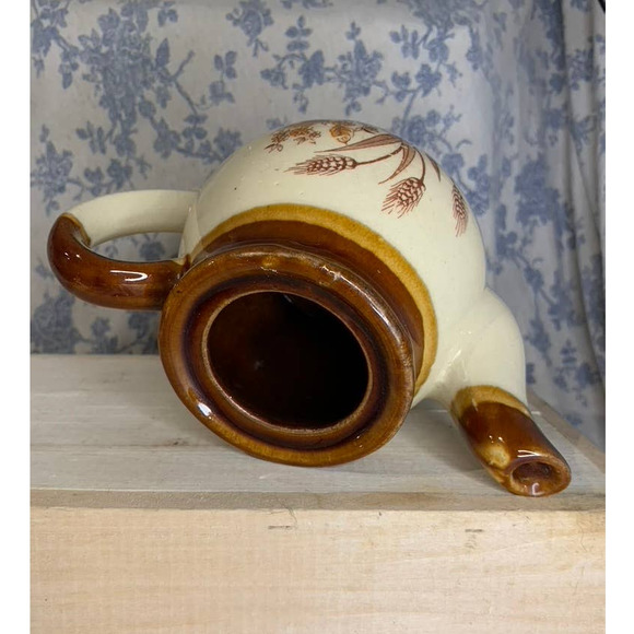 Vintage Teapot 1970s Brown Tan Country Wheat Floral Ceramic - Picture 8 of 11